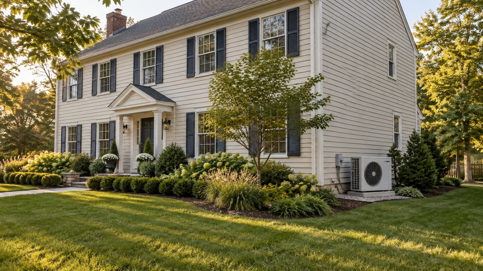 Home with outdoor heat pump equipment beside the house