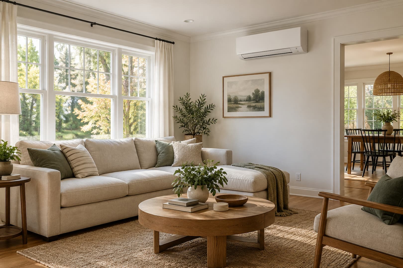 Living room with a wall-mounted ductless indoor unit