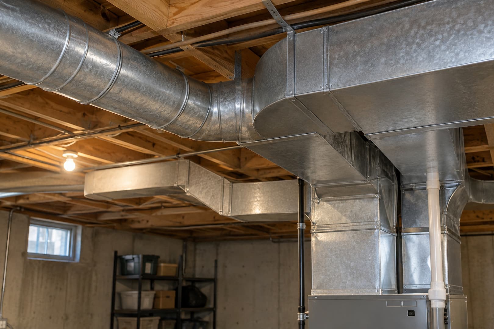 Metal air ducts running beneath a basement ceiling