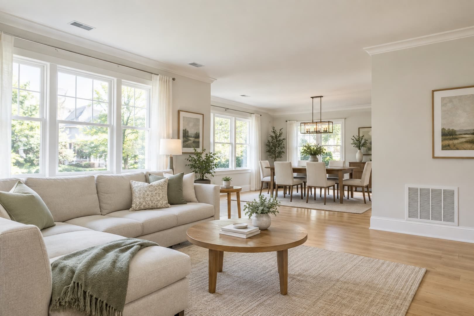 Open living and dining area with central air distribution grilles