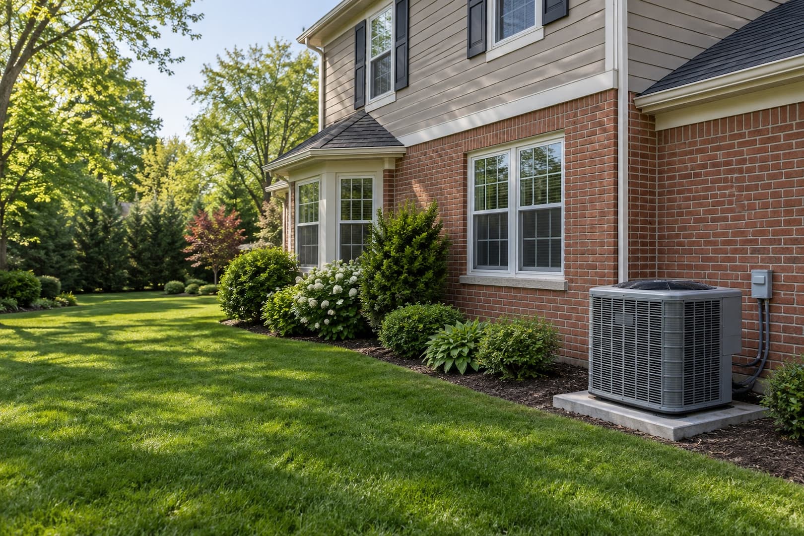 Outdoor air conditioner beside a brick-and-siding home