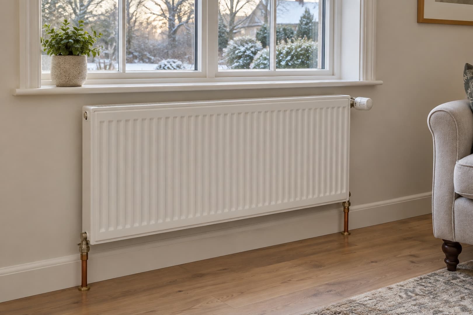 Hydronic panel radiator beneath a window with supply and return connections