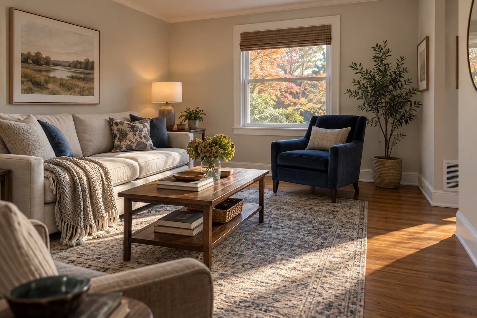 Sunlit living room with a return-air grille and oak floors