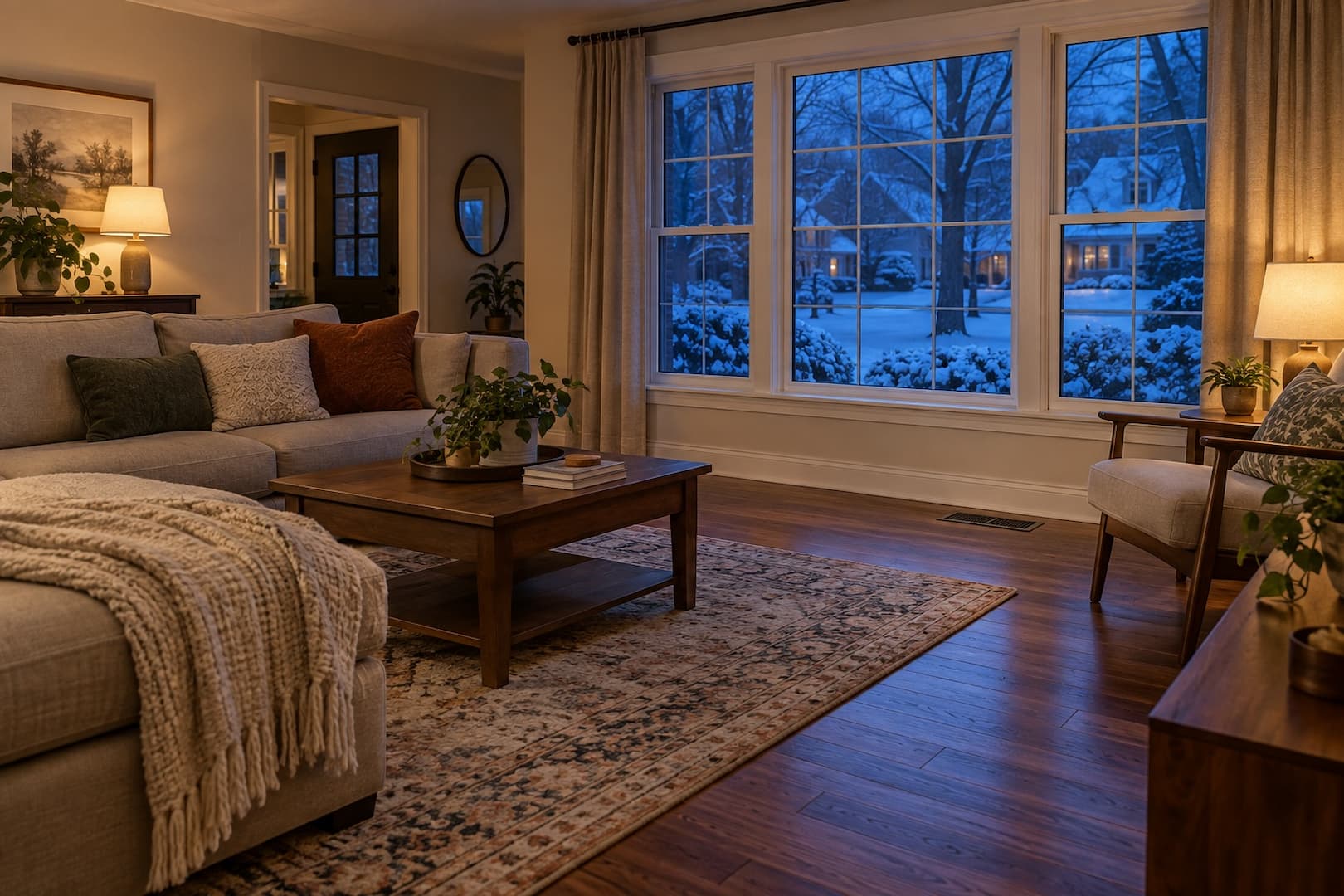 Warm living room with a floor air register and snow outside at dusk