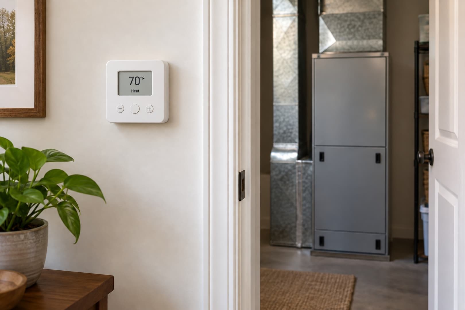 Wall thermostat set to 70 degrees in heating mode beside an air-handler utility room