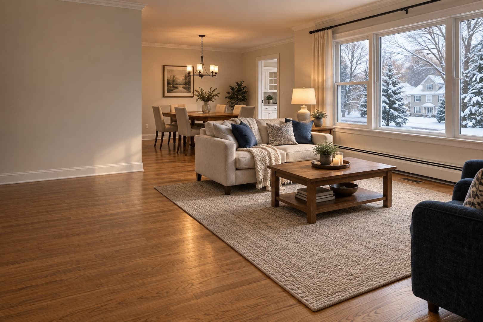 Living and dining room with baseboard heating beneath winter windows
